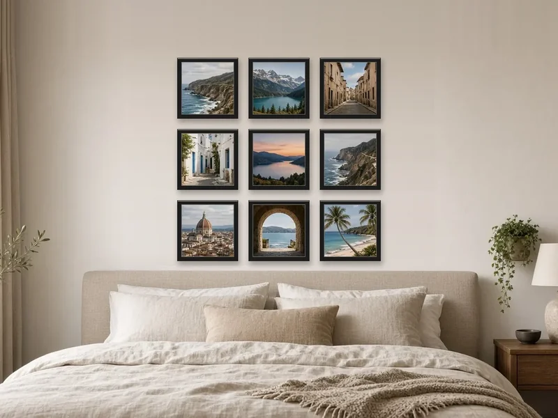 Quadros adesivos com fotos numa parede de quarto