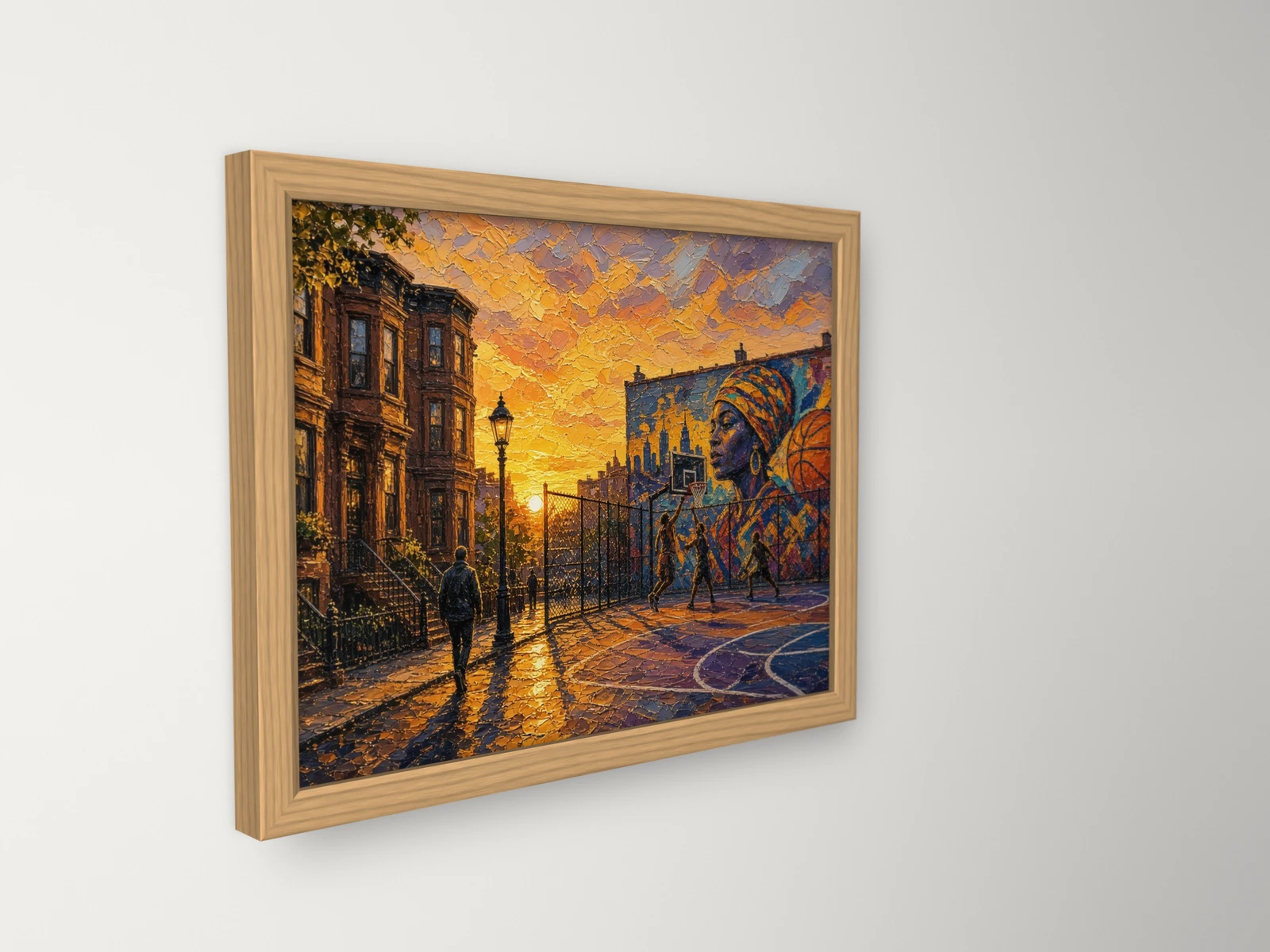 Quadro Campo de Basquetebol com moldura de carvalho, visto em ângulo: pormenor da moldura e da impressão