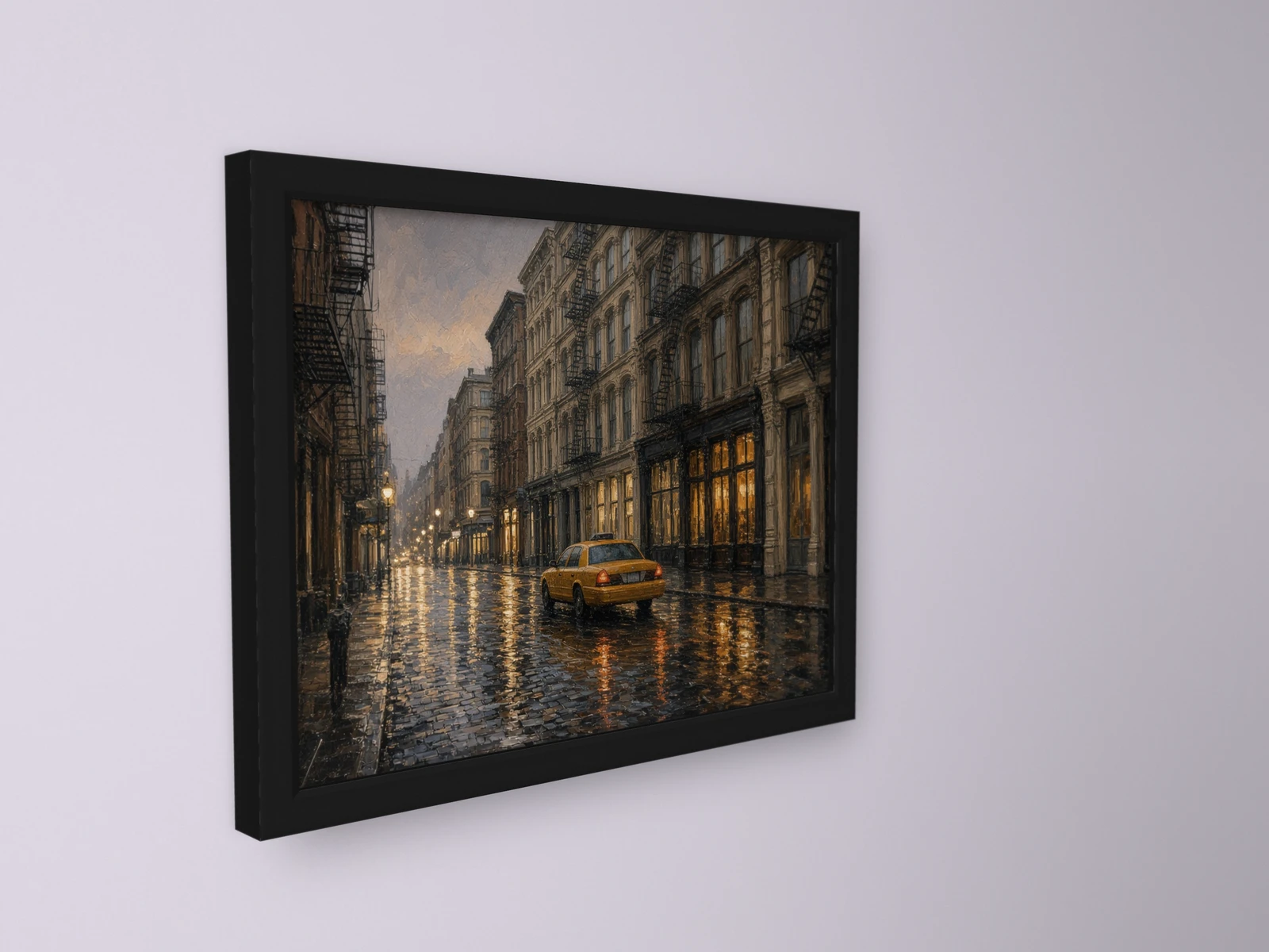 Quadro Chuva no SoHo com moldura preta mate, visto em ângulo: pormenor da moldura e da impressão