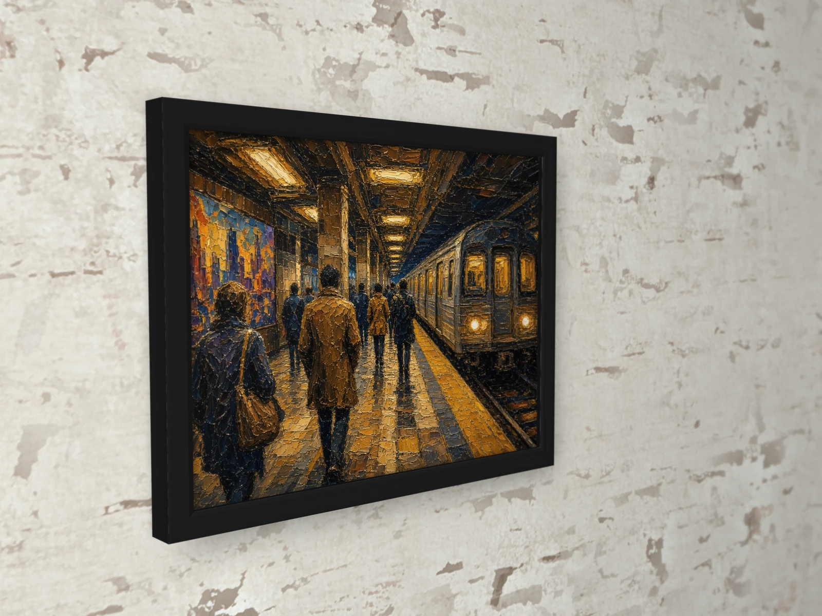 Quadro Estação de Metro com moldura preta mate, visto em ângulo: pormenor da moldura e da impressão