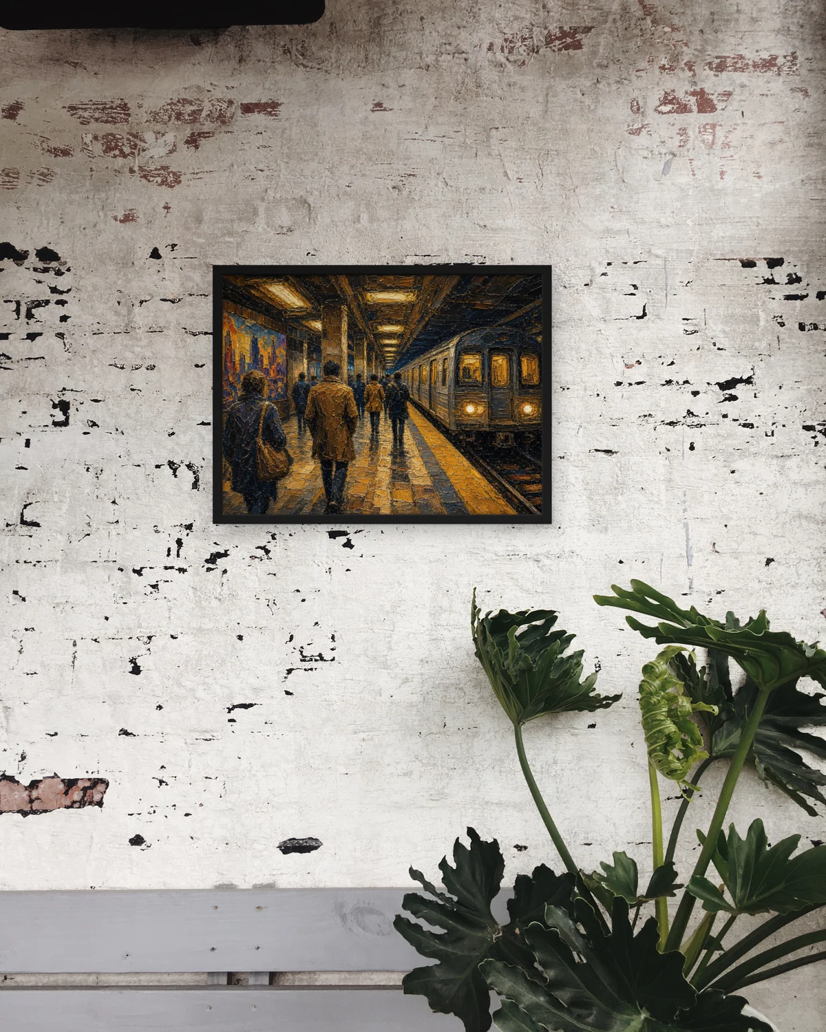 Quadro Estação de Metro com moldura preta mate num loft com parede de tijolo pintado de branco