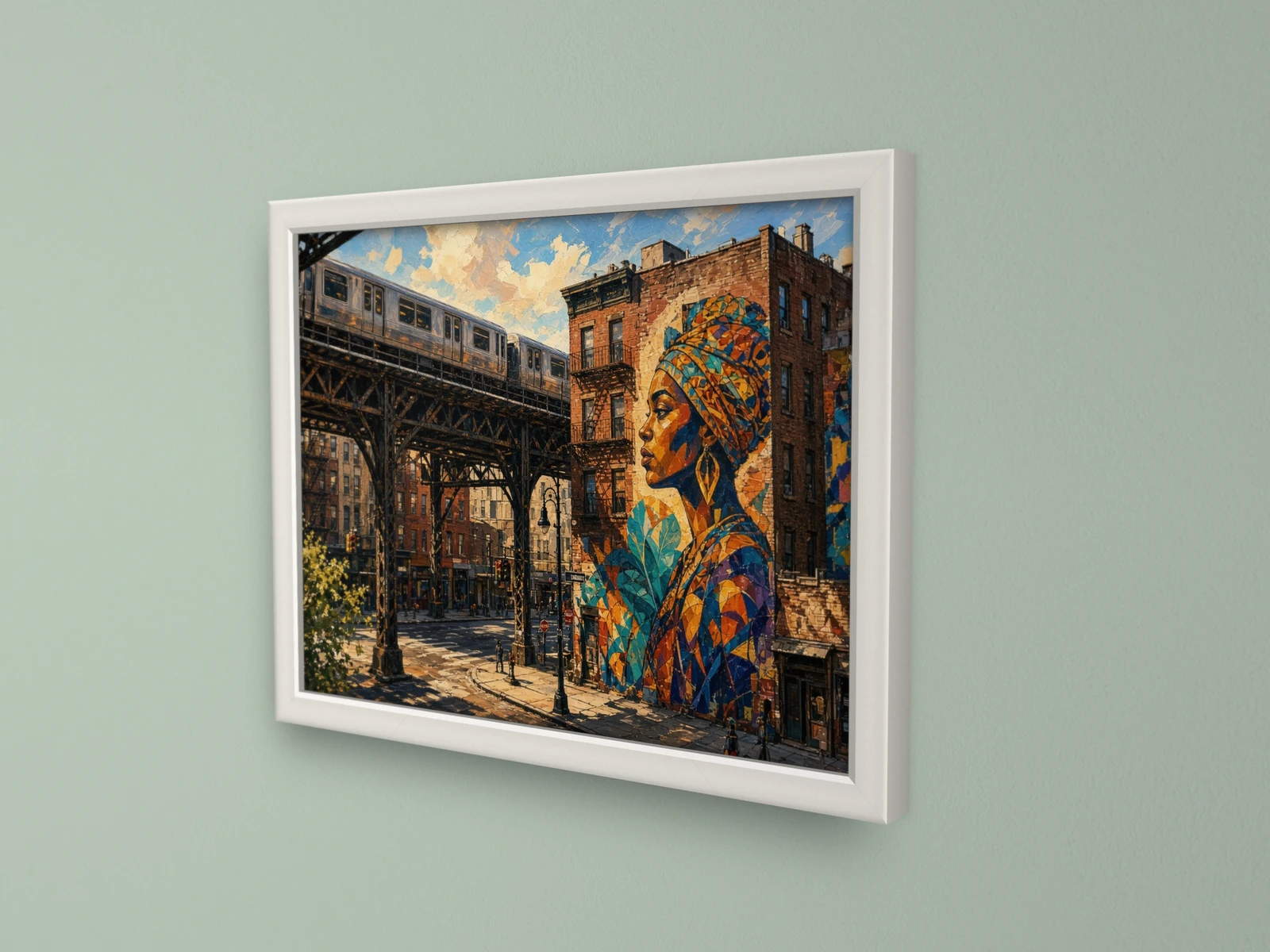 Quadro Metro Elevado e Graffiti com moldura branca, visto em ângulo: pormenor da moldura e da impressão