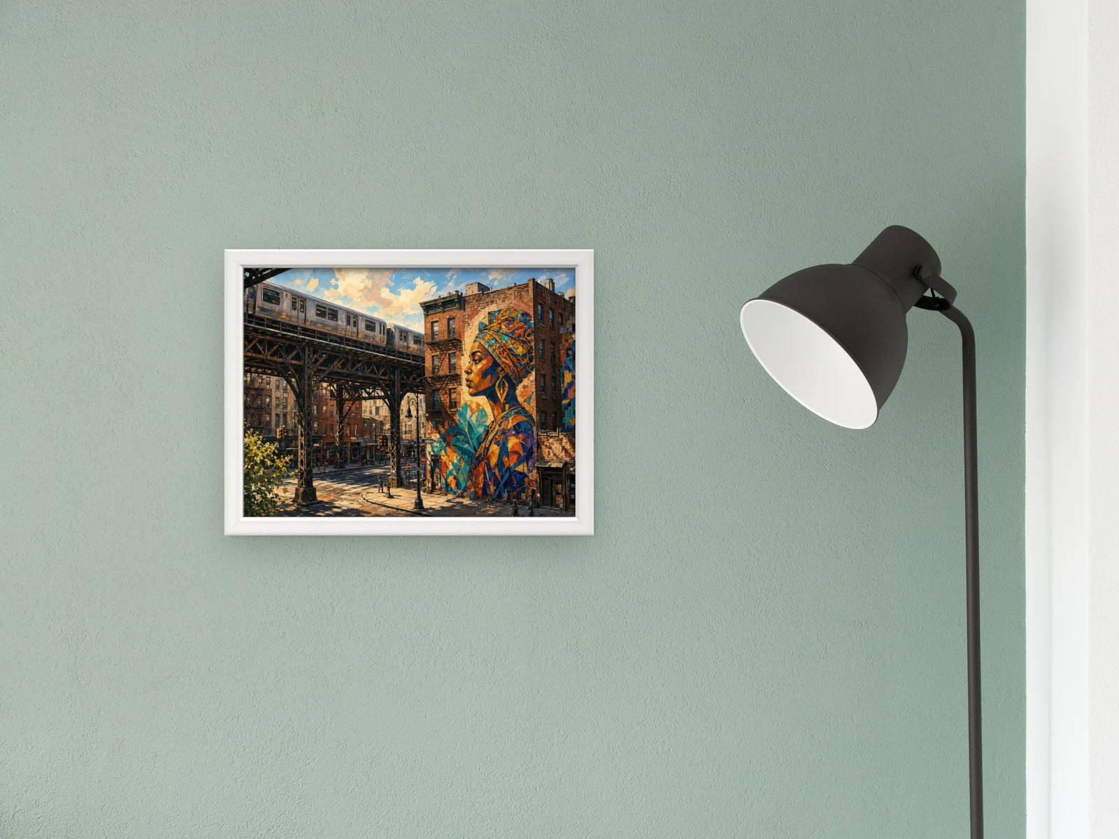 Quadro Metro Elevado e Graffiti com moldura branca numa sala de parede verde, junto a um candeeiro