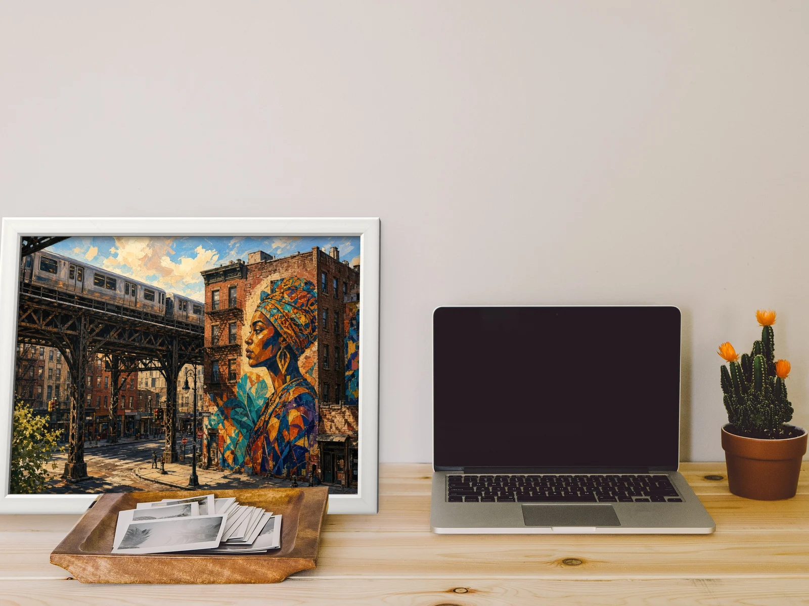 Quadro Metro Elevado e Graffiti com moldura branca encostado à parede, em cima de uma secretária