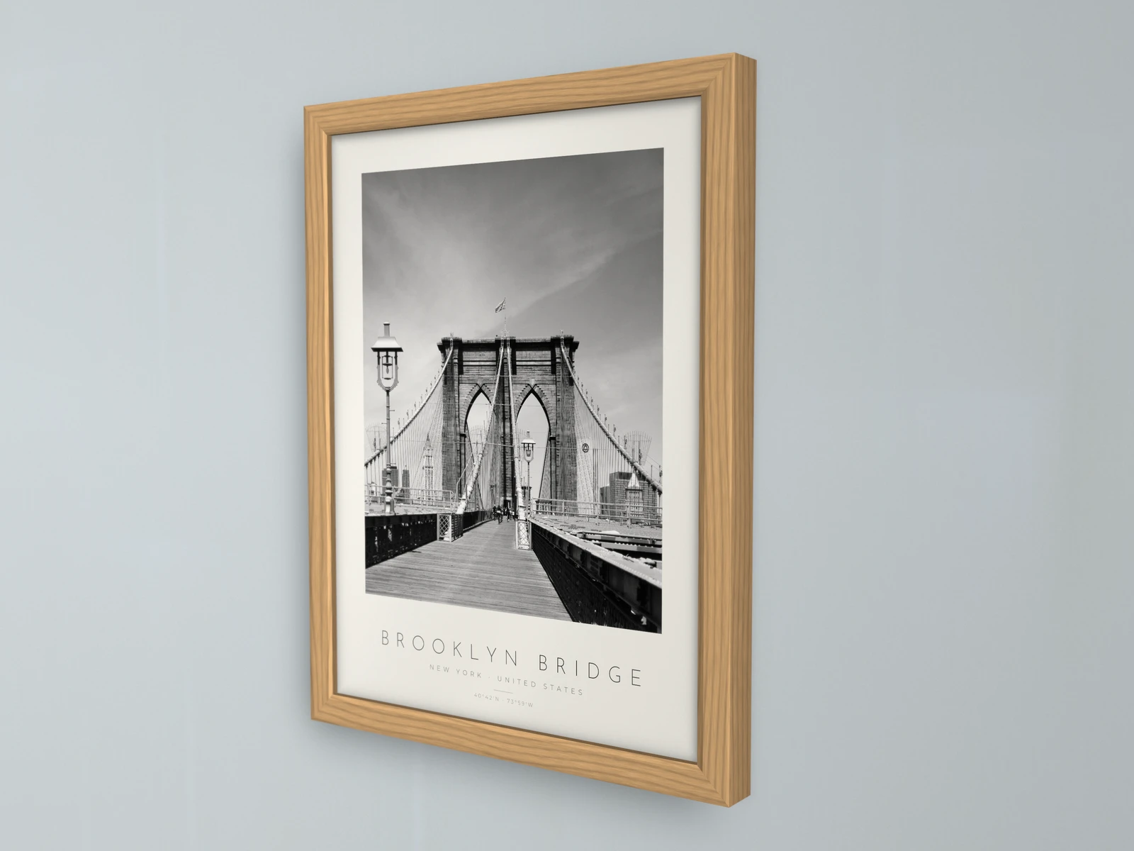 Poster Nova Iorque – Ponte de Brooklyn com moldura de carvalho, visto em ângulo: pormenor da moldura e da impressão