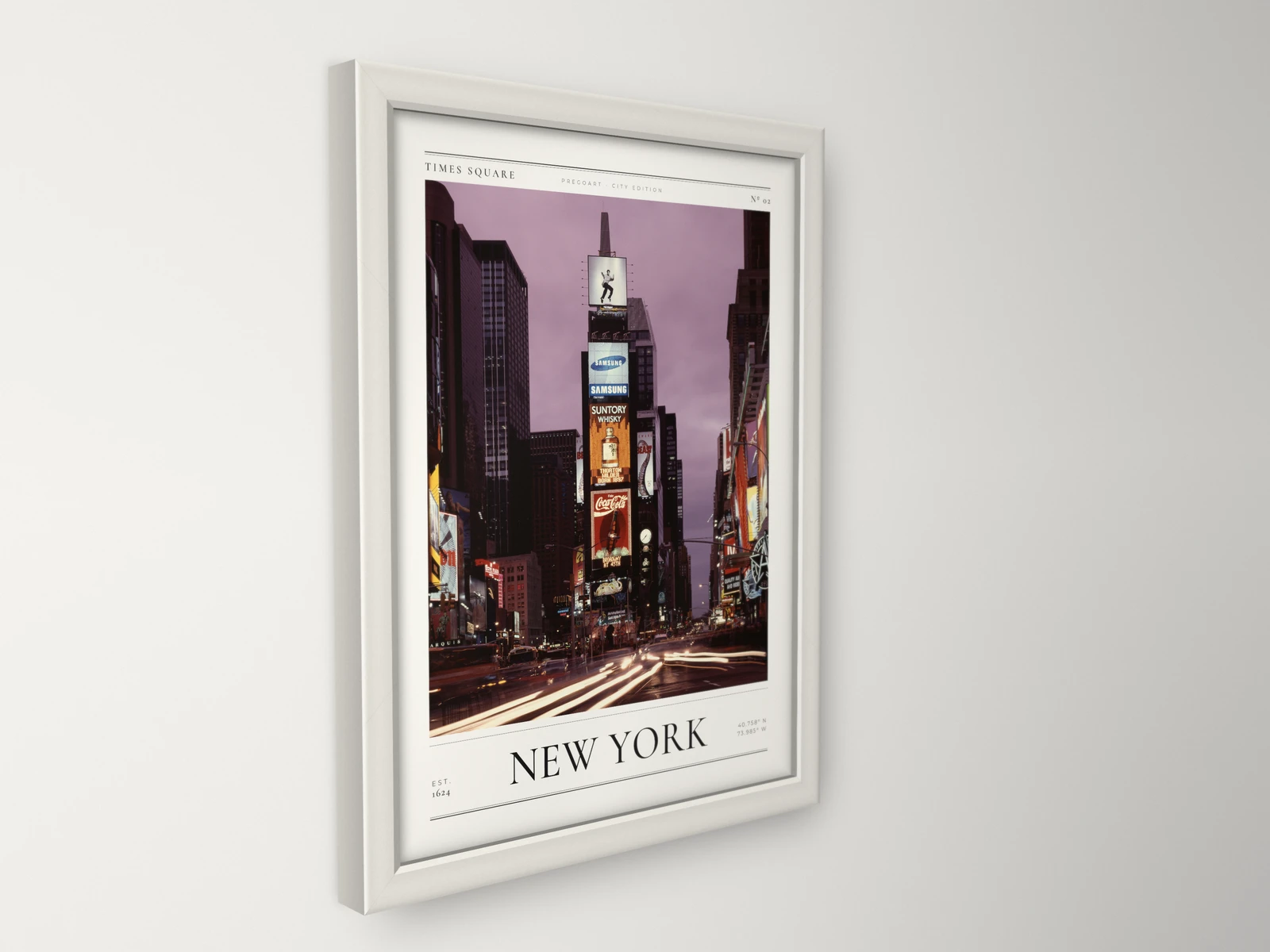 Poster Nova Iorque – Times Square com moldura branca, visto em ângulo: pormenor da moldura e da impressão