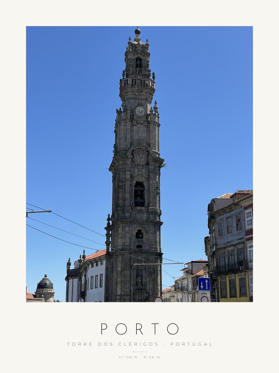 Poster Porto – Torre dos Clérigos ao sol – versão a cores, poster com moldura