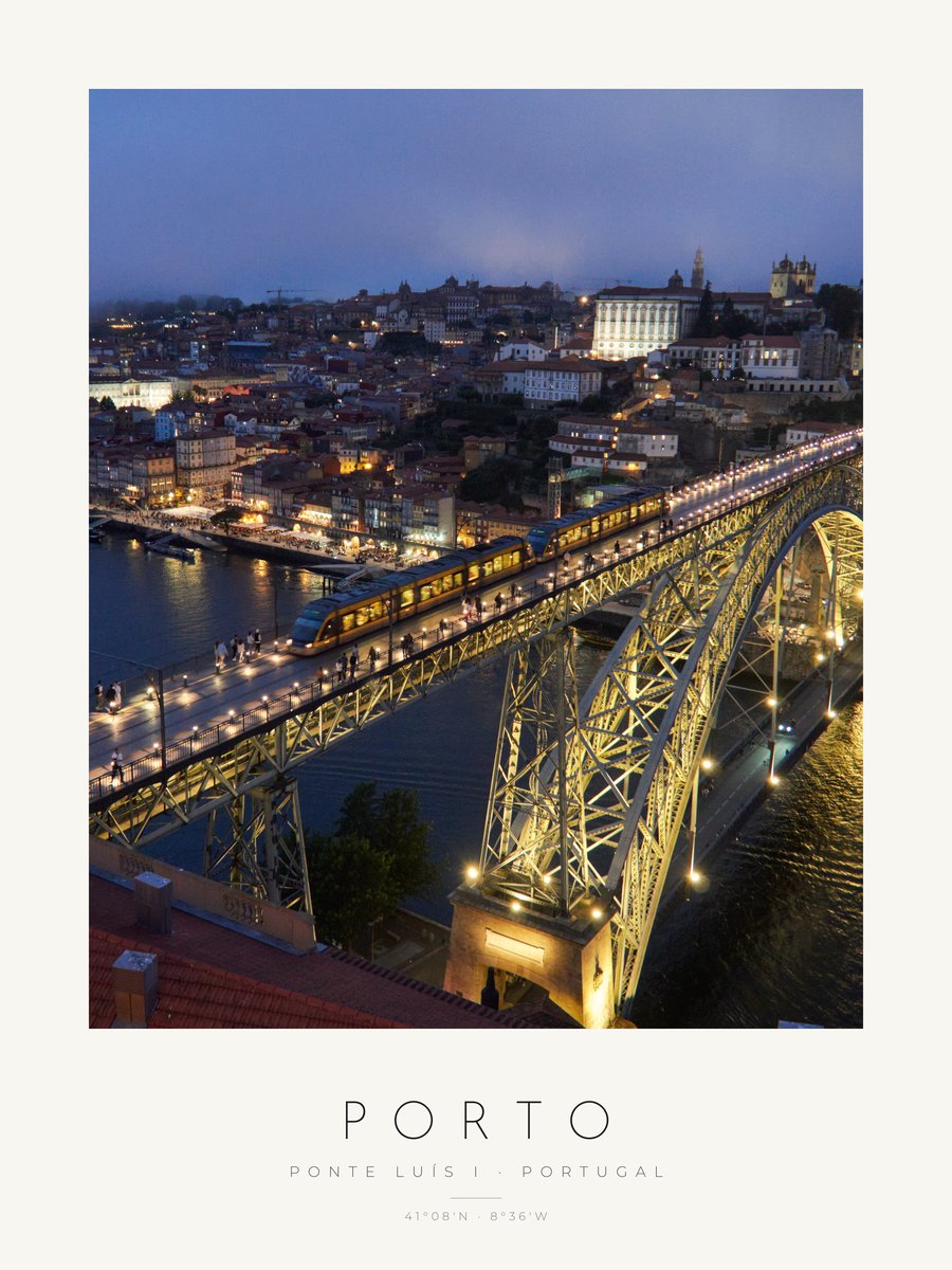 Poster Porto – Ponte Luís I ao anoitecer – versão a cores, poster com moldura