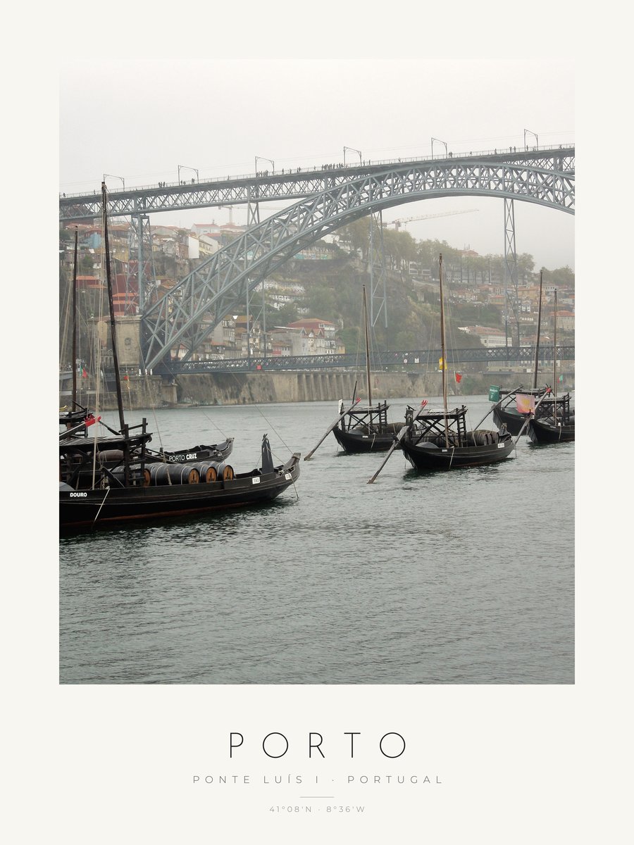 Poster Porto – Ponte Luís I e barcos rabelos – versão a cores, poster com moldura
