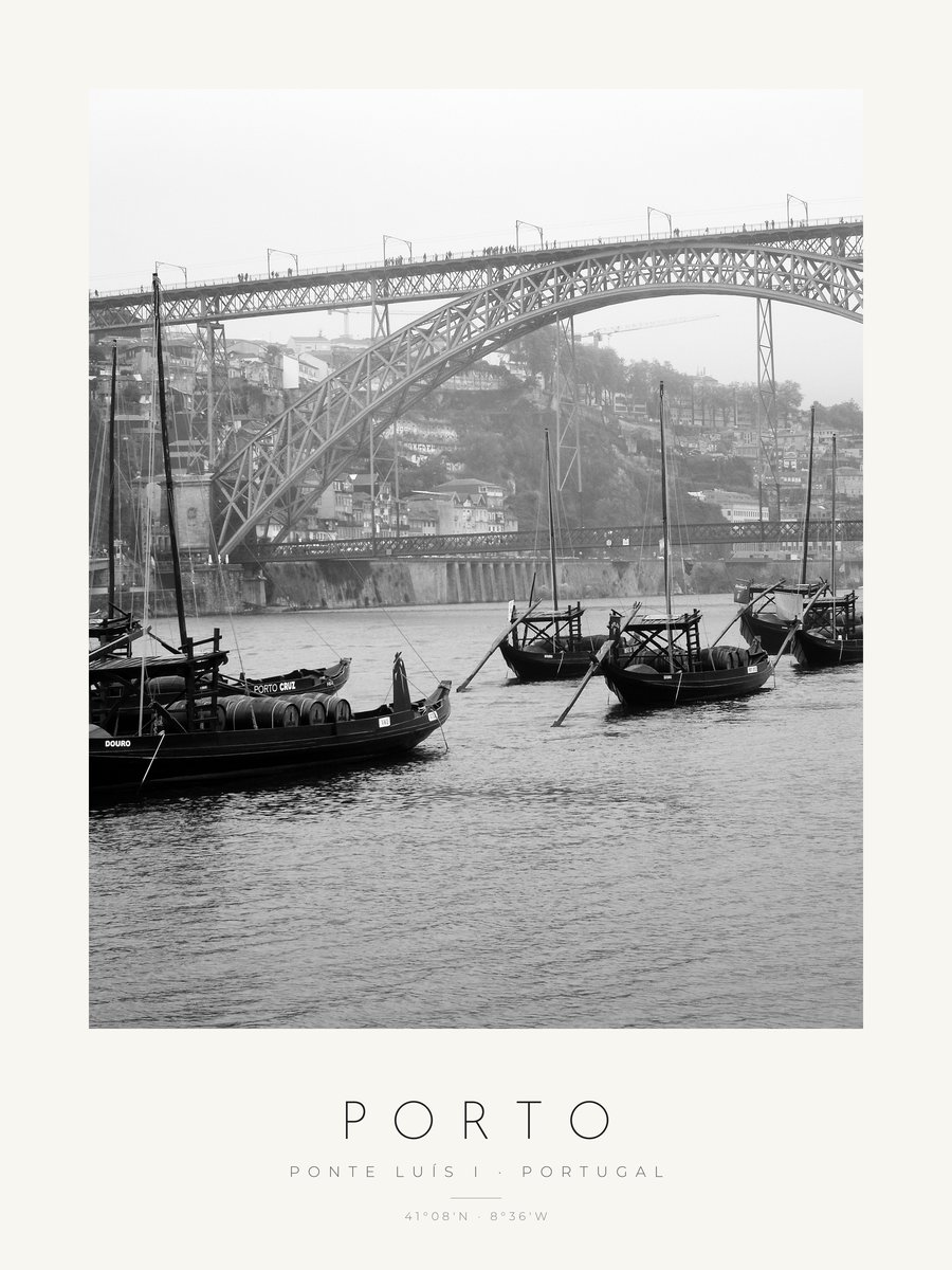 Poster Porto – Ponte Luís I e barcos rabelos – poster com moldura