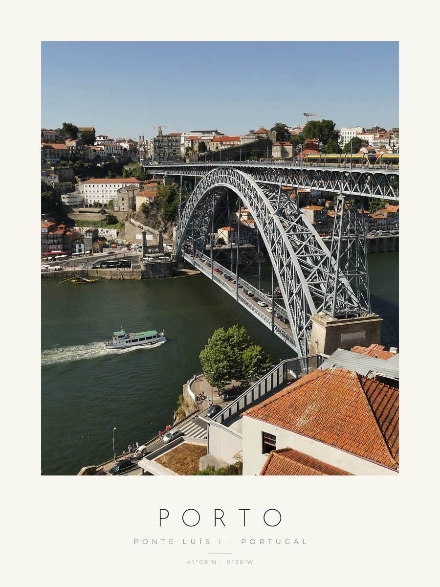Poster Porto – Ponte Luís I sobre o Douro – versão a cores, poster com moldura
