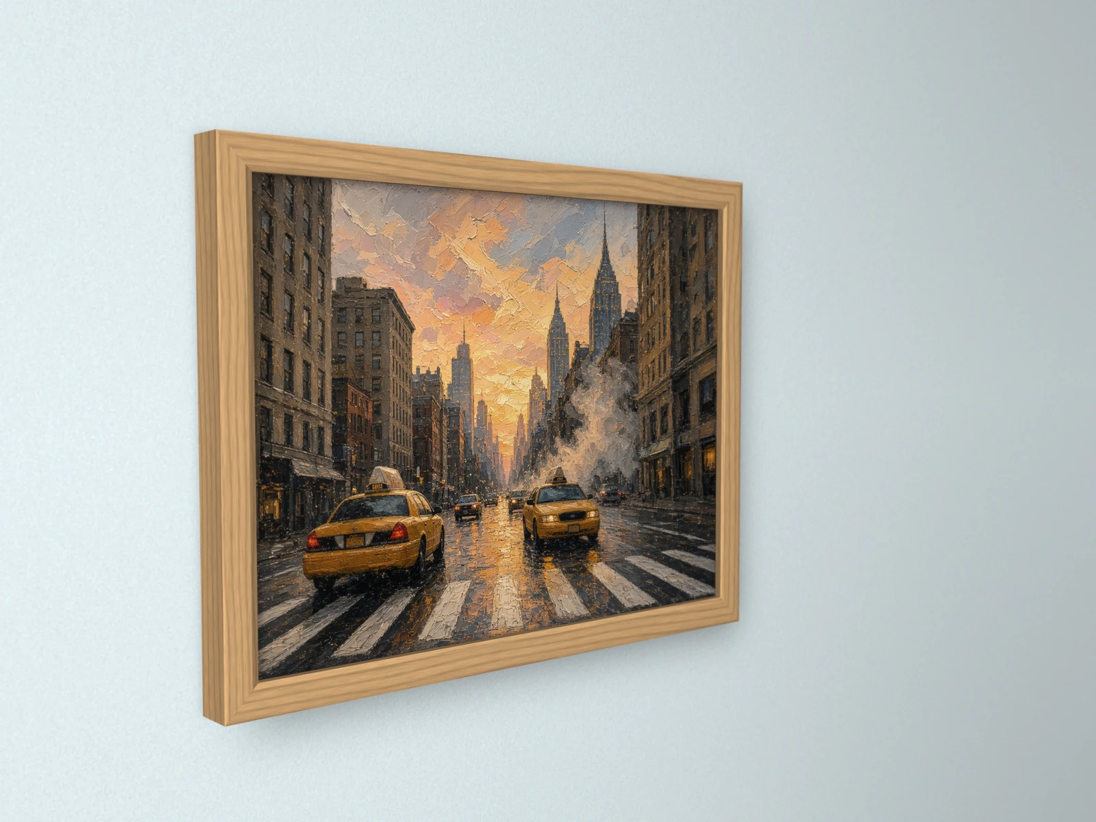 Quadro Táxis e Empire State com moldura de carvalho, visto em ângulo: pormenor da moldura e da impressão