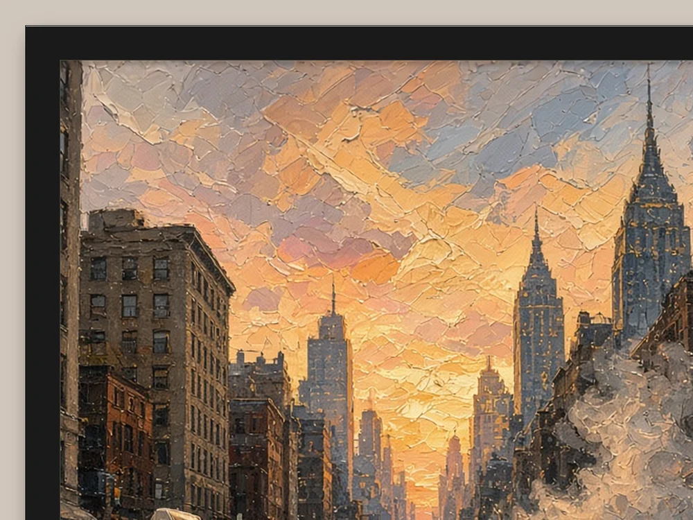 Táxis e Empire State detalhe da moldura e da impressão